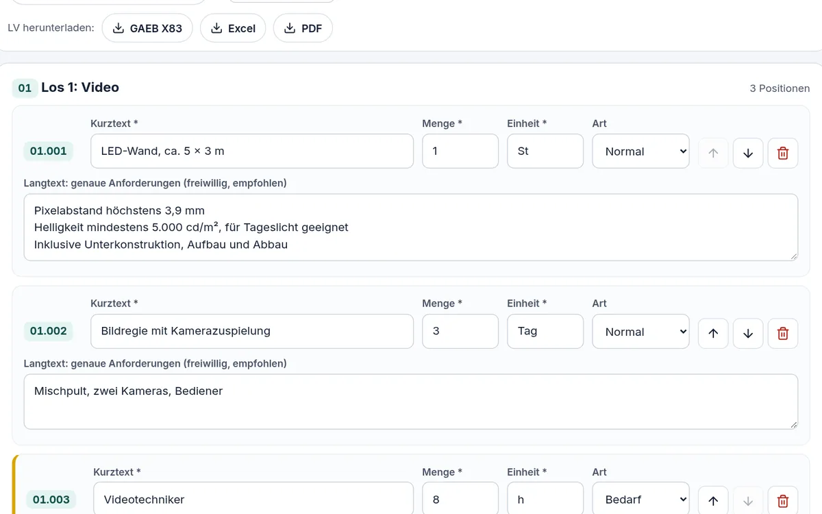 Auftraggeber-Assistent: Leistungsverzeichnis mit Positionen, Menge, Einheit und Langtext anlegen