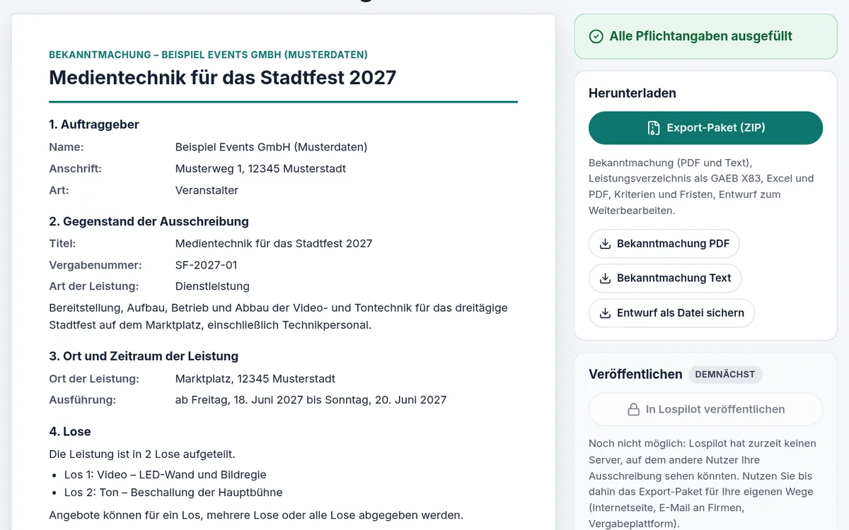 Vorschau der Bekanntmachung mit Export-Paket als ZIP