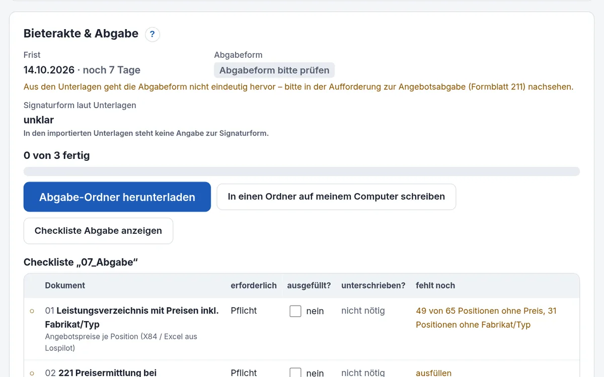 Bieterakte und Checkliste vor der Abgabe