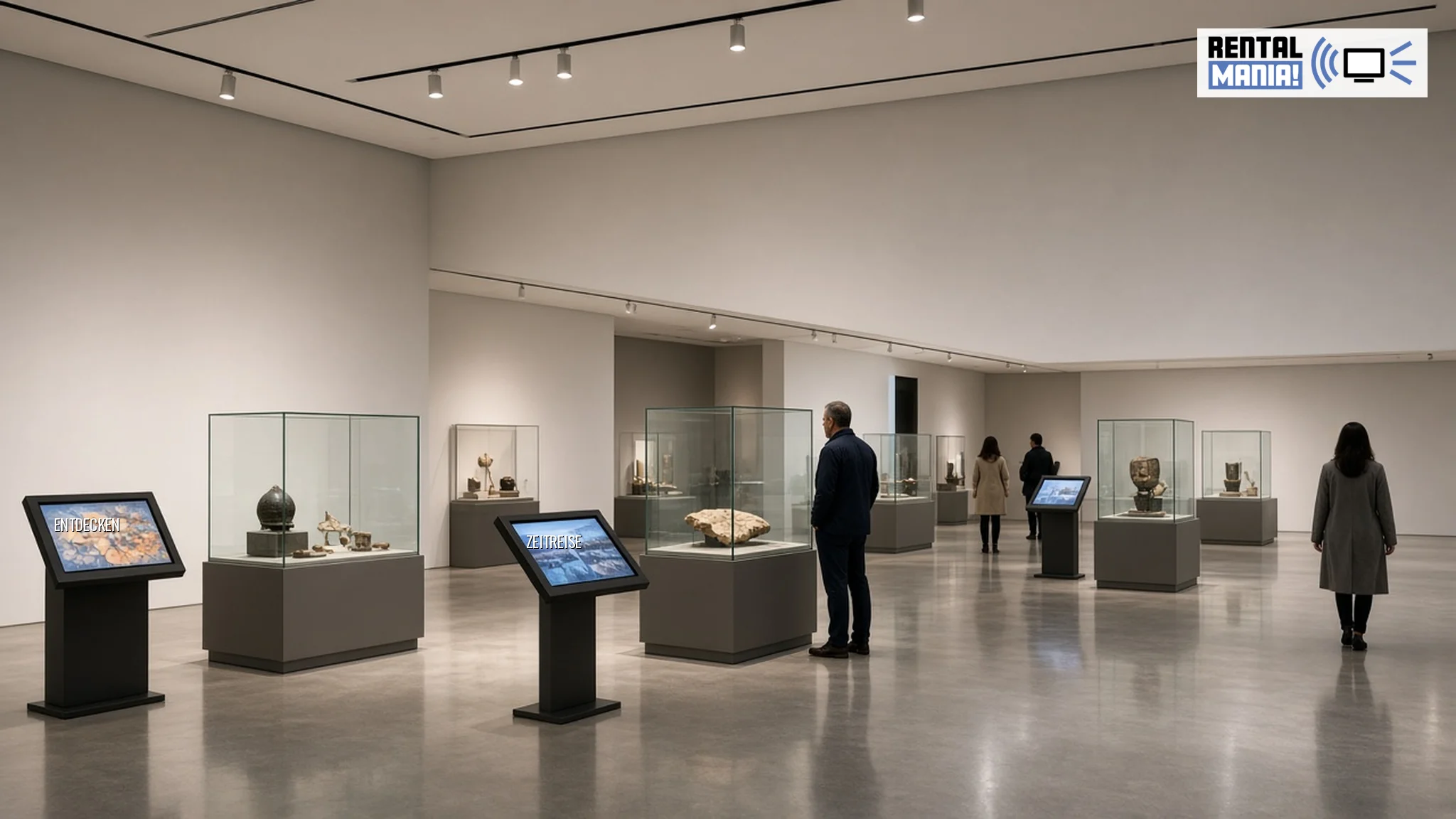 KI-generierte Visualisierung: ein moderner, neutraler Museumsraum mit mehreren Medienstationen mit Touchscreens, Vitrinen und Besuchern