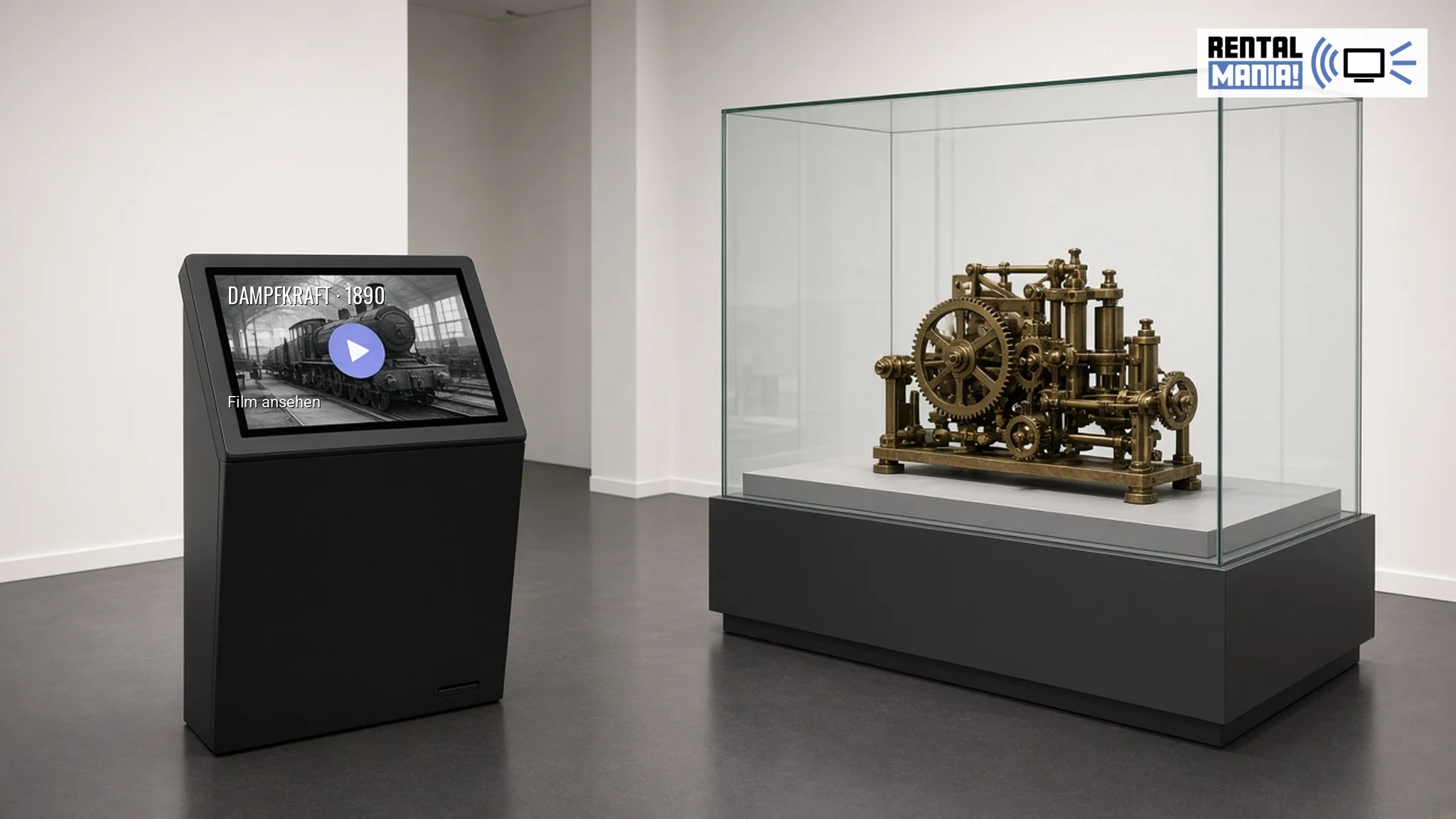 KI-generierte Visualisierung: ein Medienpult mit Touchscreen zeigt eine Dampfmaschine in Schwarz-Weiß neben einer Vitrine mit Maschinenteilen