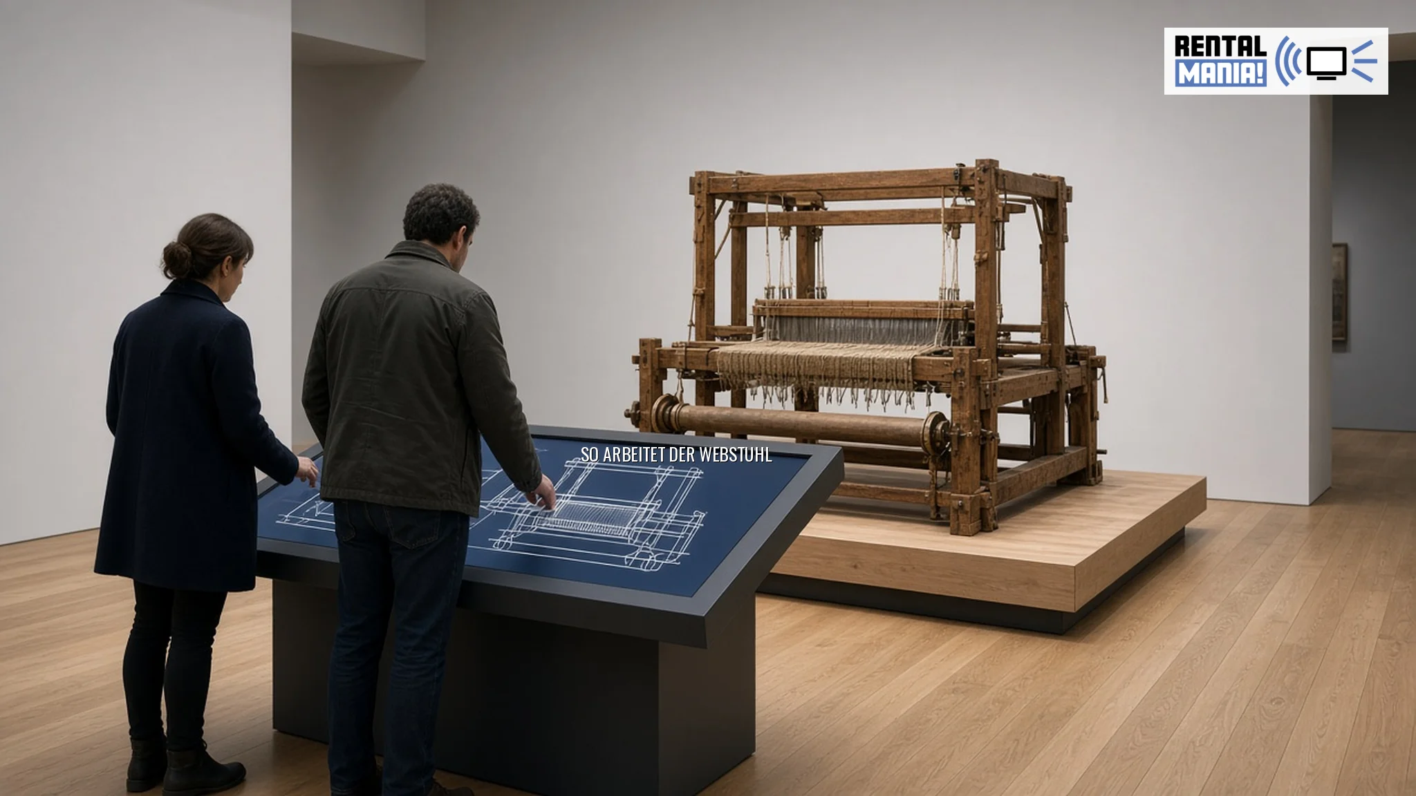 KI-generierte Visualisierung: ein Touch-Tisch zeigt eine Lichtlinien-Skizze eines Webstuhls vor einem historischen Webstuhl im Museum