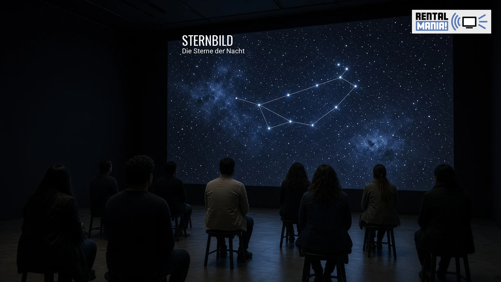 KI-generierte Visualisierung: eine Wandprojektion zeigt eine Sternkarte mit Sternbild, Besucher sitzen auf Hockern davor