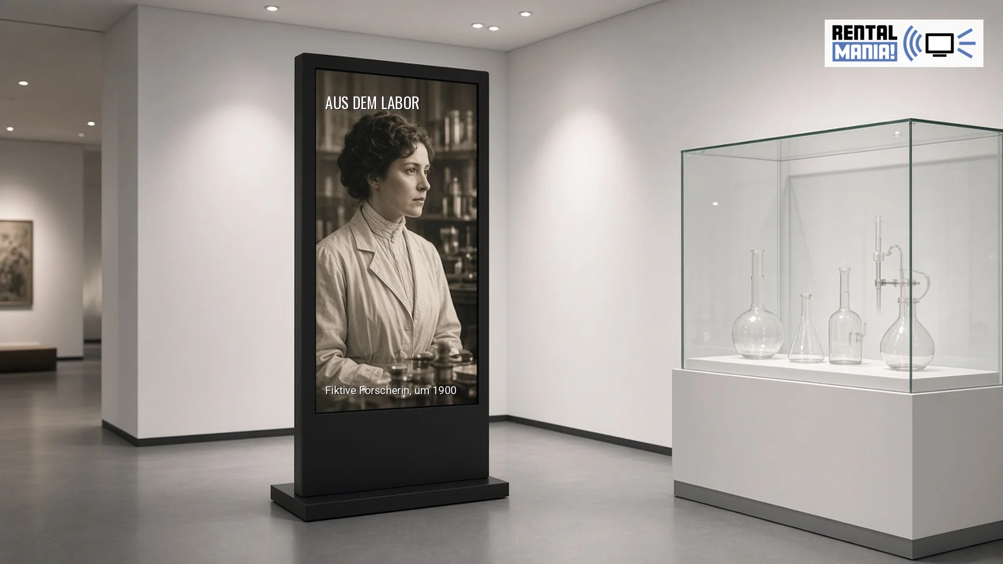 KI-generierte Visualisierung: eine Medienstele zeigt eine fiktive Forscherin im Sepia-Look neben einer Vitrine mit Laborglas