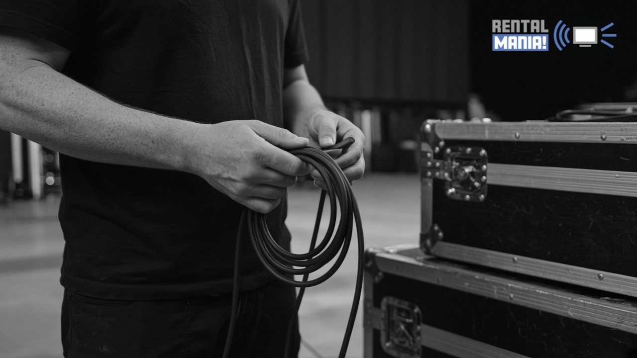 KI-generierte Visualisierung: Hände wickeln ein Kabel neben Flightcases, schwarz-weiß