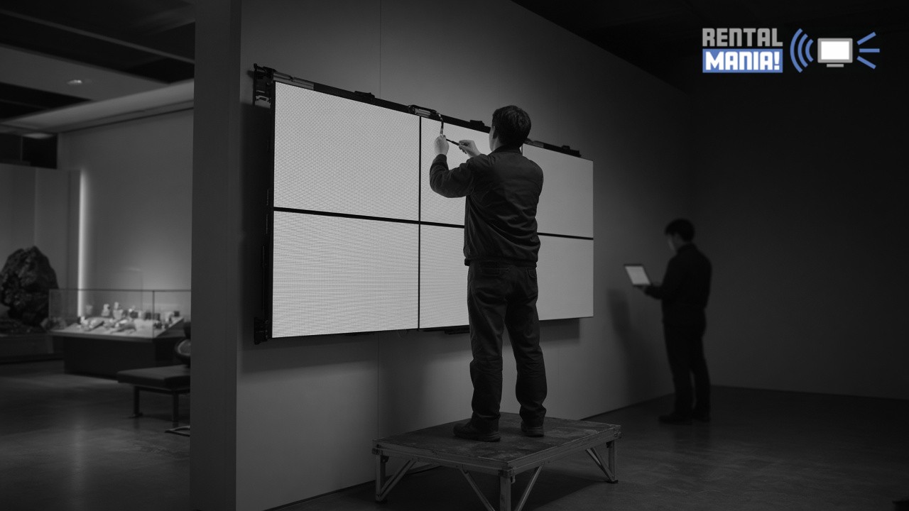KI-generierte Visualisierung: Montage einer LED-Wand in einem Ausstellungsraum, schwarz-weiß